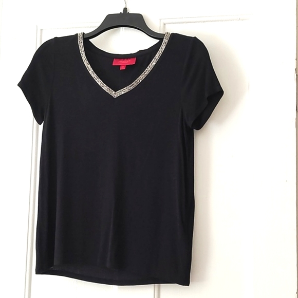JENNIFER LOPEZ BLACK SHORT SLEEVE SWEATER RHINESTONE COLLAR NECKLINE-SIZE XS - Picture 7 of 9